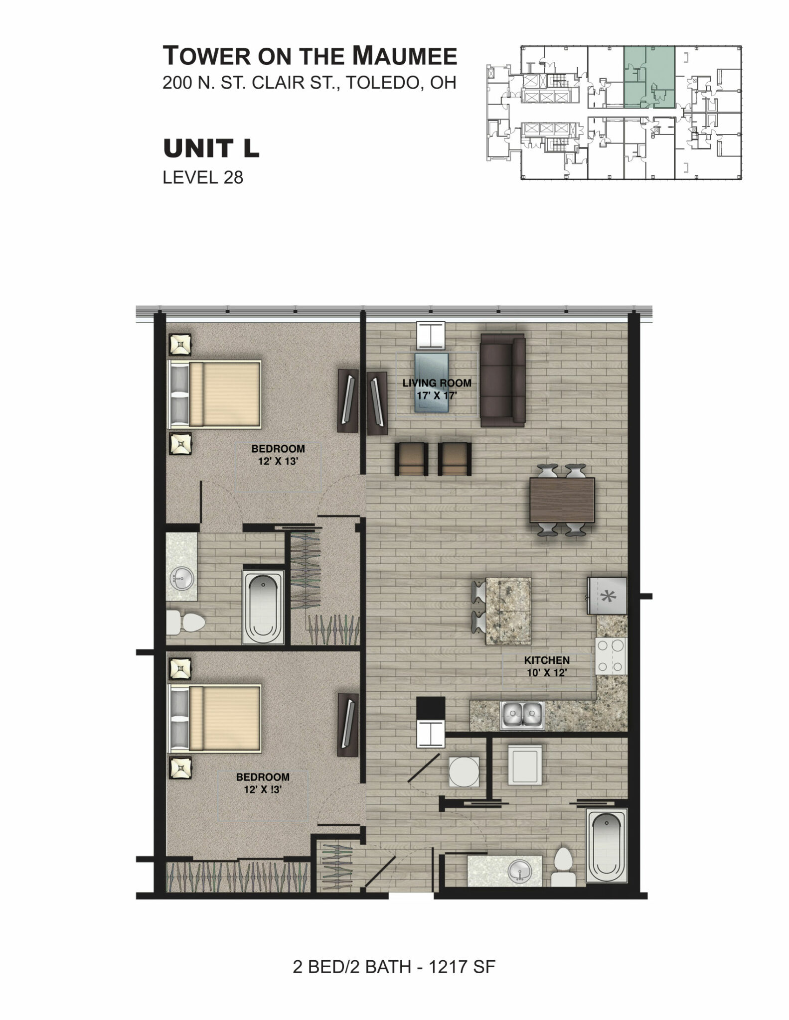2 Bedroom Unit L 2D Floorplan, Tower on the Maumee, Toledo, OH
