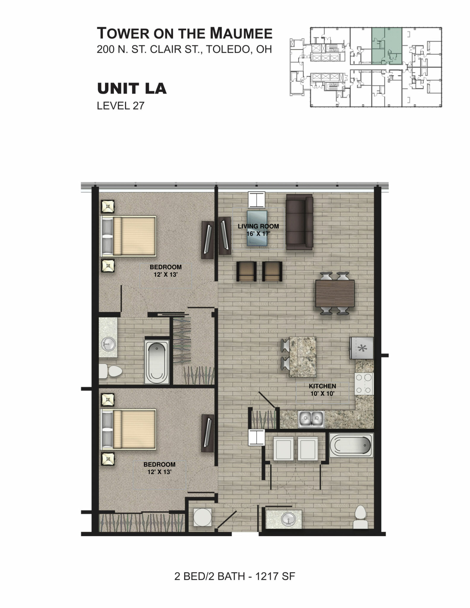 2 Bedroom Unit LA 2D Floorplan, Tower on the Maumee, Toledo, OH